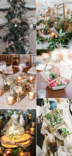 several pictures of different types of candles and flowers in glass vases, with greenery on the table