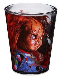 the chucky doll shot glass is on display