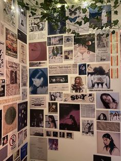 a wall covered with posters and plants hanging from it's sides in a room