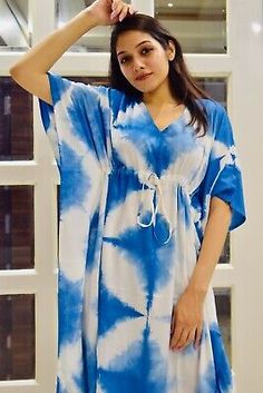 Rayon Tie Dye Short Caftan  #monokini# gamismurah       #sleepdress Blue Casual Kaftan For Festivals, Casual Blue Kaftan For Festival, Blue Casual Kaftan With Batik Print, Casual Blue Kaftan With Batik Print, Casual Blue Batik Print Kaftan, Bohemian Hand Dyed Blue Dress, Hand Dyed Blue Bohemian Dress, Indigo Batik Print Summer Dress, Summer Indigo Batik Print Dress