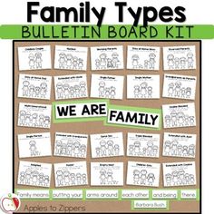 we are family types bulletin board kit with pictures and words on the front, in black and white