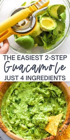 guacamole in a bowl with tortilla chips and avocado