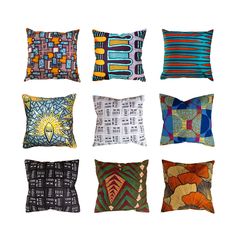 six pillows with different designs on them, all in various colors and sizes are shown