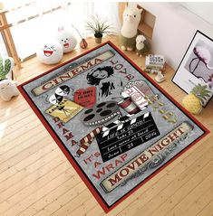 an area rug with various movie related items on it