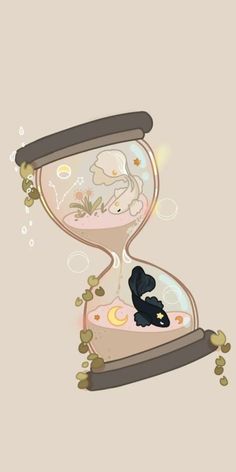 an hourglass filled with animals and plants on top of a beige background, the time is