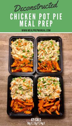 four plastic trays filled with chicken pot pie and carrots on top of a wooden table