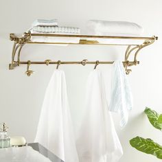 two towels hanging on a towel rack in a bathroom with white walls and green plants