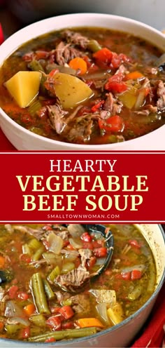 hearty vegetable beef soup in a white bowl on a red tablecloth with text overlay