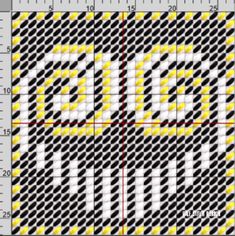 a cross stitch pattern with yellow and black squares on it, as well as the letters e