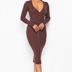 Super Stretchy Knit Dress That Comes Past The Knees. Size Down For A More Fitted Look As This Dress Runs A Little Big. S- Can Fit Small To Medium M- Can Fit Medium To Large L- Can Fit Large To X-Large Brown Ribbed Sweater Dress For Fall, Ribbed Brown Sweater Dress For Fall, Fall Ribbed Brown Sweater Dress, Brown Ribbed Midi Dress For Winter, Winter Brown Ribbed Midi Dress, Brown Ribbed Midi Sweater Dress, Chic Brown Knit Sweater Dress, Fitted Brown Knit Sweater Dress, Brown Fitted Knit Sweater Dress