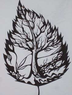 a black and white drawing of a tree with leaves on it's branches is shown