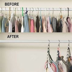 the before and after image shows clothes hanging on rails