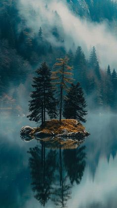 a small island in the middle of a lake surrounded by foggy mountains and trees