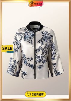 Loose Urban Floral Three Quarter Jacket Spring Floral Print Outerwear With Stand Collar, Luxury Floral Embroidered Women's Outerwear, Luxury Fitted Floral Print Outerwear, Fall Outerwear With Logo-jacquard Lining And Long Sleeves, Luxury Jacquard Long-sleeve Outerwear, Bohemian Long-sleeved Floral Patchwork Outerwear, Three Quarter, Stand Collar, Jackets For Women