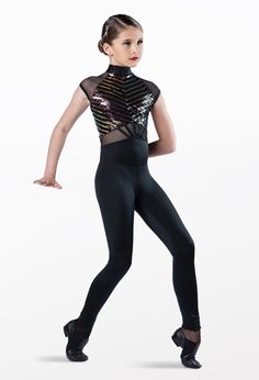 Black Leather Dance Costume, Black Dance Costume Contemporary Rhinestones, Long Sleeve Dance Unitard, Black Second-skin Lined Leotard, Fitted Full-length Dancewear Unitard, Fitted Full-length Unitard Dancewear, Dance Unitard