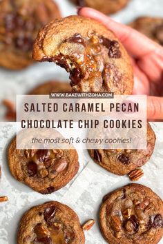 salted caramel pecan chocolate chip cookies are the most soft and chewy cookies