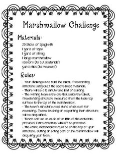 the marmallow challenge is shown in black and white, with an ornate border around it