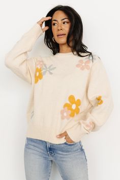 Roxy Sweater | Cream Flower Spring Crew Neck Feminine Sweater, Spring Feminine Crew Neck Sweater, Feminine Spring Crew Neck Sweater, Feminine Stretch Sweater For Spring, Trendy Floral Print Crew Neck Sweater, Casual Knit Sweater With Floral Print, Cream Floral Embroidered Sweater For Spring, Cream Sweater With Floral Embroidery For Spring, Spring Cream Cotton Sweater