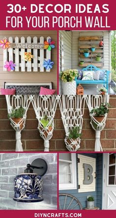 the front porch is decorated with white pickets and flower pots on it, and there are