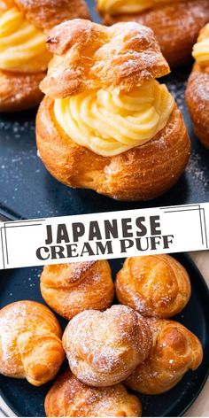 japanese cream puff pastries on black plates with text overlay that reads japan cream puff