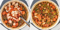 two images show the same pan with different food items in it, one is cooked and the other is cooked