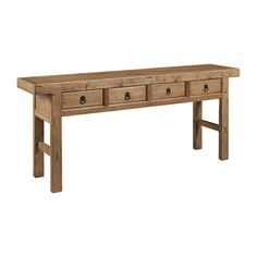 a wooden table with three drawers on one side and two legs at the other end