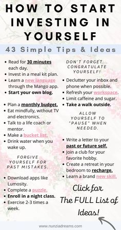 It’s important to make time for yourself each day. Thankfully, investing in yourself doesn’t necessarily require money or large amounts of time. With that being said, here are 43 simple & easy ways to start investing in yourself today!It’s important to make time for yourself each day. Thankfully, investing in yourself doesn’t necessarily require money or large amounts of time. With that being said, here are 43 simple & easy ways to start investing in yourself today! Investing In Yourself, Personal Improvement, Start Investing, Positive Self Affirmations, Mental And Emotional Health, Self Care Activities