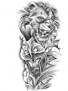 a black and white tattoo design of a lion