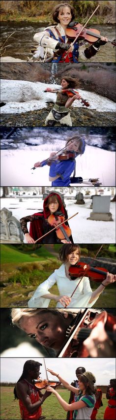 four different images of people playing instruments in the water and on the grass, with one woman holding a violin