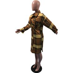 Plaid Print Loose Single-breasted Mid-length Coat Long Fall Shirt Dress With Pockets, Long Shirt Dress With Pockets For Fall, Yellow Long Sleeve Shirt Dress For Fall, Plaid Print, 1 Million, Mid Length, Single Breasted, Plaid