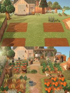 two pictures of the same garden in different stages of being used to create an animated farm scene