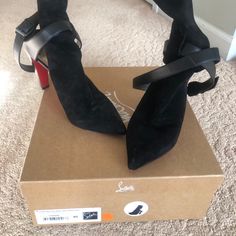 Black Suede Heels. Open Back 3 Inches. Excellent Condition. Barely Worn. Black Ankle Strap Heels In Calf Leather, Designer Suede Block Heel, Designer Suede Block Heels, Luxury Black Suede Heels, Luxury Heels With Stacked Heel, Black Block Heels With Red Sole, Luxury Black Heels With Stacked Heel, Designer Black Heels With Heel Strap, Black Suede Heels