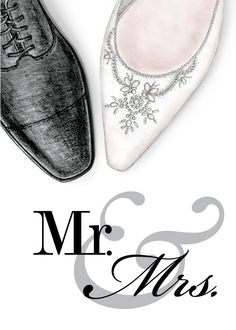 a couple of shoes sitting next to each other on top of a white card with the words mr and mrs