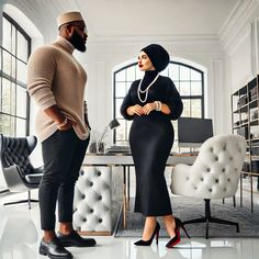 a man and woman standing next to each other in an office