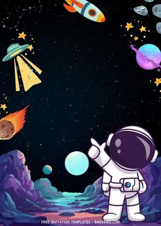 an astronaut in outer space looking at the stars and planets above him is a rocket ship