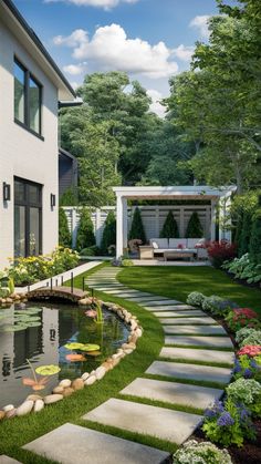 a backyard with a pond and landscaping