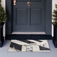 a black front door with two potted plants and a rug on the floor next to it