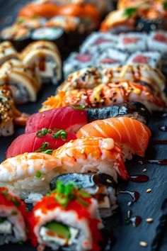 sushi rolls are lined up on a table