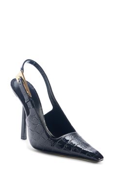 A gleaming geometric heel balances the elongated pointy toe of this croc-embossed patent-calfskin slingback finished with a statement buckle. 4 3/4" (110mm) heel ( size 38.5) 2" ankle strap Adjustable slingback strap with buckle closure Leather upper, lining and sole Made in Italy Designer Shoes Luxury Crocodile Pattern Heels For Party, Luxury Party Heels With Crocodile Pattern, Chic Crocodile Pattern Heels For Formal Occasions, Chic Formal Heels With Crocodile Pattern, Chic Crocodile Pattern Heels For Formal Events, Chic Crocodile Pattern Formal Heels, Luxury Crocodile Pattern Heels For Formal Occasions, Combat Boots Style, Espadrilles Style