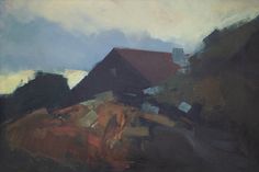 an abstract painting of houses on a hill