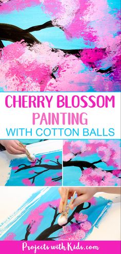 cherry blossom painting with cotton balls is an easy and fun art project for kids to do