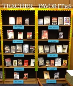 there are many books on the shelves in this classroom library that is labeled with teacher favorites