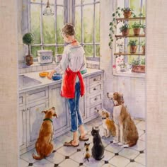 a watercolor painting of a woman cooking in the kitchen with her dogs and cats