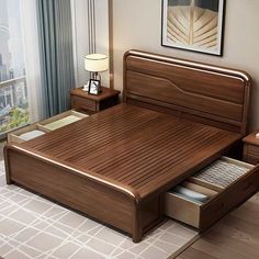 a wooden bed with drawers underneath it in a living room next to a large window