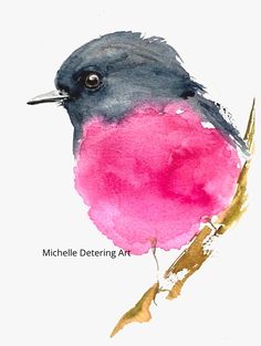 a watercolor painting of a pink and black bird on a twig with the words michelle deterring art written below it