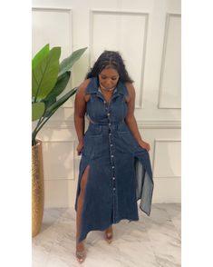 Denim dress with splits – SASHAY KOUTURE Spring Outfits Dress, Summer Outfits Black Women, Black Women Business Attire, Women Business Attire, Fall Festival Outfit, Italian Summer Outfits, Skirt Outfits Summer, Whimsical Dress, Spring Outfits Dresses