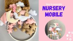 an image of a nursery mobile with teddy bears and other toys in the basket on top