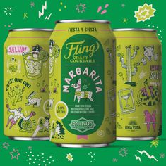 three cans of margarita beer on a green background with stars and confetti around them