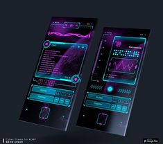 two cell phones with neon lights and sound waves on the screen, side by side