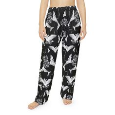 Goth Bats Women's Pajama Pants | Vampire Bat Lounge Pants | Floral Pj Bottoms | Gothic Bats Pajama Pants | Horror Aesthetic These pajama pants are made with 100% brushed polyester that feels extra cozy to slip into. The soft and stretchy fabric makes it perfect for sleeping or lounging around home drinking your favorite cozy beverage. Details:   - Material: 100% brushed polyester - Light fabric (5.6 oz/yd² (190 g/m - Elastic waistband Shipping: This item is shipped directly from our print partne Black Sleep Bottoms Long Pants, Black Sleep Bottoms, Black Long Pants For Sleep, Black Relaxed Fit Sleep Pants, Black Long Pants For Pajama Party, Wide Leg Black Pants For Pajama Party, Horror Pajamas, Horror Aesthetic, Gothic Pants